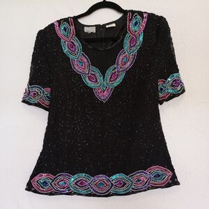 Stenay Vintage 80s Sequin Embellished Beaded Short Sleeve Silk Party Top Size XL